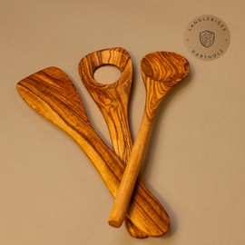 DAS OLIVENHOLZBRETT® Olive Wood Cooking Spoons, Set of 3 - Wooden Cooking Spoons, Handmade Natural Product, Wooden Cooking Spoon, Wooden Spoon with Hole & Spatula, Risotta Spoon