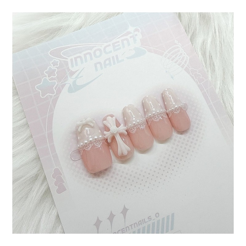 Frill Cross† Handmade Nail Tips - Long Oval / 프릴