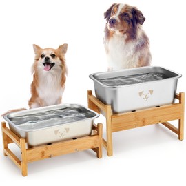 Reallnaive 2 Pack Bamboo Elevated Dog Bowl with Stand Raised Stainless Steel Water Bowl Anti-Slip High Capacity Water Food Stand for Small Medium Large Breed Dog Indoor Outdoor(2.64,1.25 Gallons)