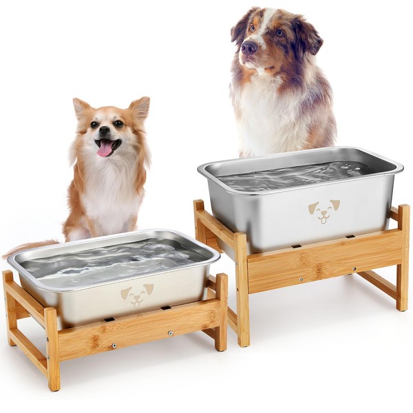 Reallnaive 2 Pack Bamboo Elevated Dog Bowl with Stand Raised