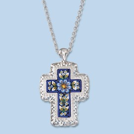 Ross-Simons Italian Murano Glass Mosaic Floral Cross Pendant Necklace in Sterling Silver. 18 inches