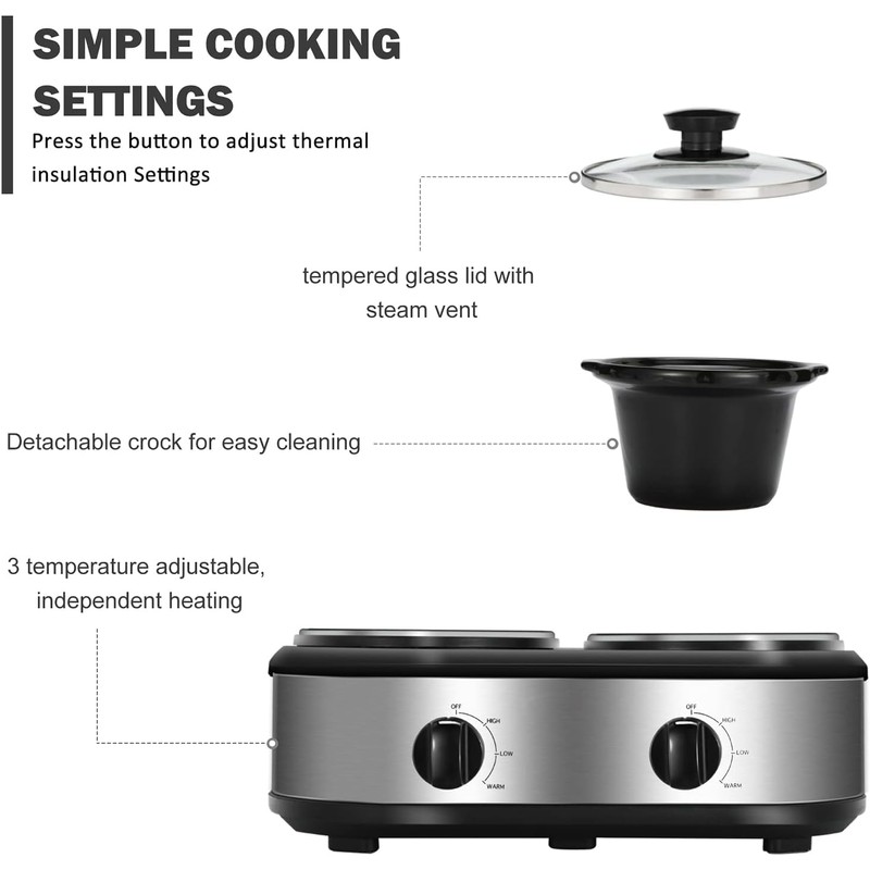 Dual Slow Cooker Buffet Server Food Warmer with 3 Adjustable