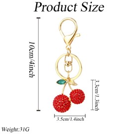 Schlüsselanhänger aus roter Legierung, Strass, Kirsche mit Blättern, funkelnde Früchte, Kirschbeutel, Charm, Kristall, Schlüsselanhänger für Geldbörsen, Handtasche, Geldbörse