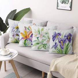 ASDCXZ Flower Pillow Cover 40x40 cm 4pcs Set, Spring Watercolor Purple White Flowers Green Leaves Sofa Deco Pillow Covers Pillow Cover Washable Polyester Textile Outdoor Pillow Cover Pillow Cover