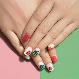 24 PCS Short Press on Nails Square False Nails with Red Watermelon Designs Square Fake Nails Cute False Nails Glue on Nails Summer Acrylic Nails Fruit Stick on Nails for DIY Nail Art