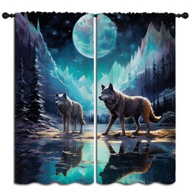 LHROOMJK Gothic Wolf Rod Pocket Blackout Curtains for Boy Girl Bedroom, Fantasy Forest Night Full Moon Cool Wolf Thermal Insulated Home Window Drapes for Living Room Darkening, 42x45 inch