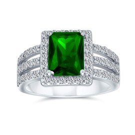 3CT Green Rectangular CZ Triple Pave Band Engagement Cocktail Ring Simulated Emerald Cut Cubic Zirconia Sterling Silver