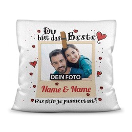 Cushion with Filling with Saying "Du bist das Beste (Du bist das Beste - zum SelbstGestalten [German Language] with Desired Photo and Two Names, Polyester Cushion – White Fluffy, 40 x 40 cm