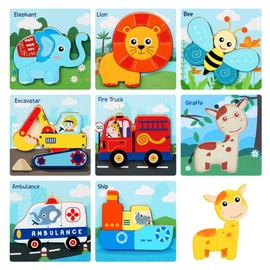 LIXTONE Wooden Puzzle, Montessori Educational Toys for Kids, Crossboning Puzzles (8 Animals & Vehicles)