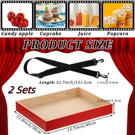 2 Pack Wooden Snack Trays with Strap,15.7 x 11.8 x 2.2 Inch Red Snack Tray, Movie Snack Trays,Snack and Beverage Carrier Party Tray Snack for 20's Theme Costume Accessory Prop Adult Carnival