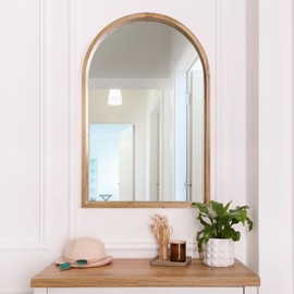 Head West Natural Wood Arched Framed Wall Mounted Vanity Mirror, Accent Decorative Mirror for Wall Decor, Modern Farmhouse Bathroom Mirror for Over Sink, Bedroom, Living Room, Entryway Hallway 24"x36"