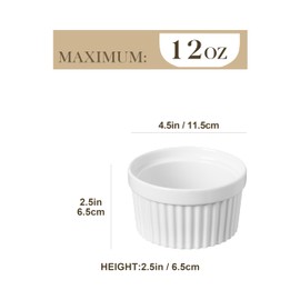 MALACASA Ramekins 12 oz Oven Safe, Porcelain Creme Brulee Ramekins Pudding Custard Cups Large Ceramic Souffle Dishes Ramakan Ramiken Ramicans Baking Bowls Set of 6, White, Series RAMEKIN-DISH