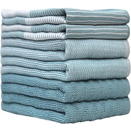Bumble Kitchen Hand Dish Tea Towels – Bulk Set of 6 – Luxe, Soft, Durable Ring Spun Cotton with 3 Different Textures – Extra Large 20 x 28 In Size – Comes in Aqua Blue and Grey Packs (Aqua)