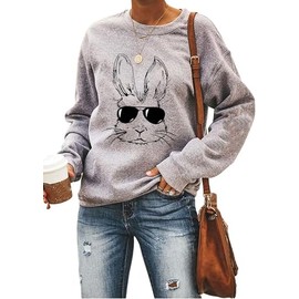 Ykomow Happy Easter Sweatshirt Women Long Sleeve Cute Bunny Rabbit Graphic Tees Pullover (S, A-Grey)