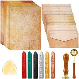 33 Pieces Vintage Paper and Envelopes Set, Including 12 Writing Stationery Paper Letter 12 Envelopes Sealing 6 Wax Sticks Seal Stamp Tea Candles and Wax Spoon for Envelope Stamp