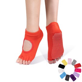 ZenBeya Open Toe Pilates Socks, Yoga Socks with Grips for Women, Non-Slip Slipper Toeless Socks for Pilates, Barre, Ballet, Bikram, Workout, Gym, Sports, Red