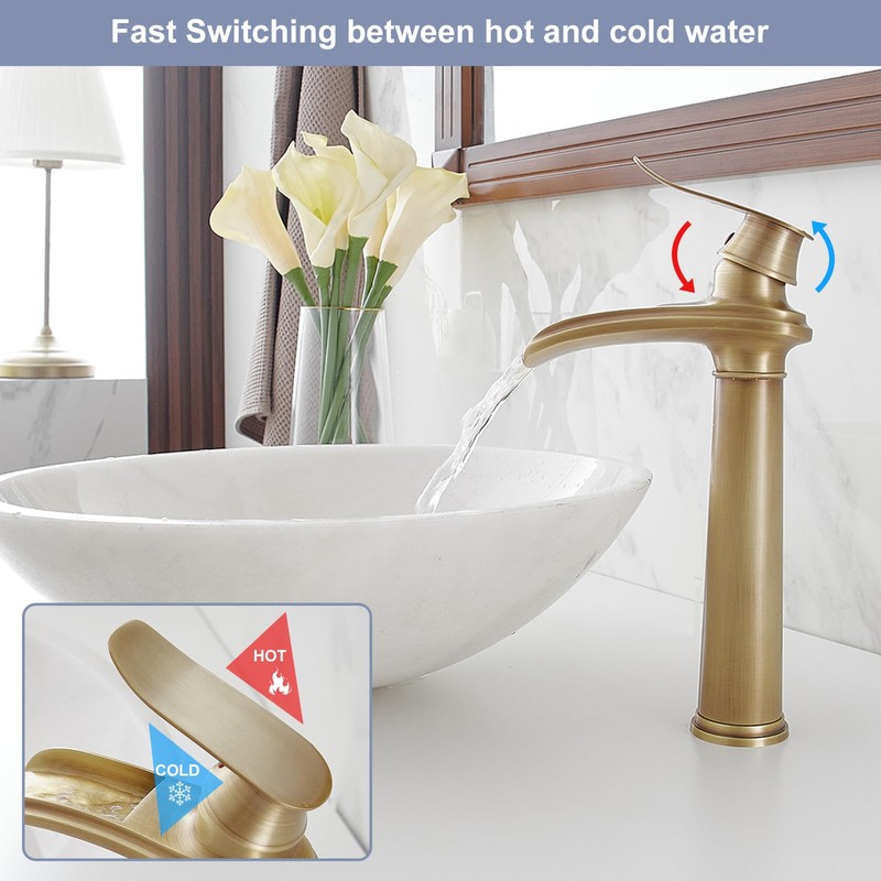 BWE Antique Brass Bathroom Vessel Sink Faucet Waterfall Spout Single