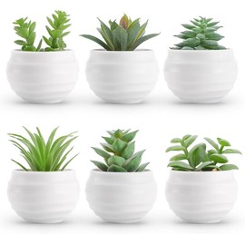 Set of 6   Artificial in Pots Small   for Bedroom Aesthetic Living Room Office Shelf Bathroom Decor - Color: White Pots-6 Green