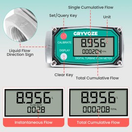 GRYVOZE 1 Inch Water & Fuel Flow Meter with Swivel 360 Connector for 2.6-26 GPM Inline NPT Thread ±1% Accuracy Flowmeter for Diesel, Gas Oil, Gasoline, and Other Liquids - Supports Sleep Mode