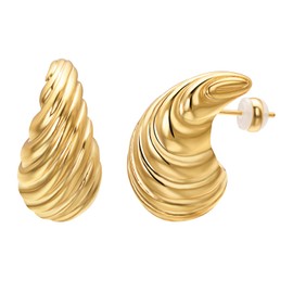 Vogem Chunky Gold Earrings Women's Gold-Plated Earrings Half Hoop Earrings Gold Women's Croissant Bread Stud Earrings Hypoallergenic Jewellery Gift, Sterling Silver