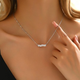 foyjoey White Gold Mama Necklace Mother's Day Letter Necklace for Women Dainty CZ Diamond Pave Mom Pendant Necklace Mothers Day Jewelry