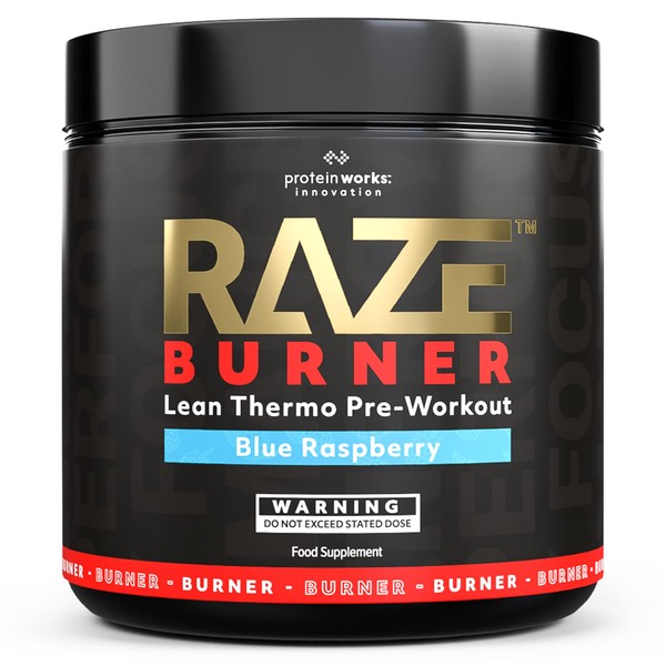 Protein Works | Raze Burner Pre Workout Powder | Thermogenic | Caffeine, Carnitine & Tyrosine | Blue Raspberry | 30 Servings
