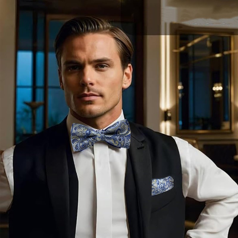 FOSDICK Men's Bow Tie and Cuffed Buttons with Pocket Square