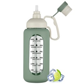 MUKOKO 64oz Glass Water Bottles with Straw, Half Gallon Water Bottle with Time Marker, Motivational Water Bottle with Silicone Sleeves,Large Glass Water Bottle for Gym,Working,Outdoor,Olive