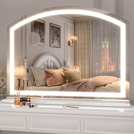 Hasipu Arch Vanity Mirror with Light, 32" x 24" Arched Led Makeup Mirror with 10X Magnification, Tabletop Desk Mirror, Dimmable 3 Colors Mode