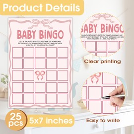 WUAWN Baby Shower Bingo Game Cards, Pink Bow Bingo Game Theme, 25 Gender Neutral Cards, Pink Ribbon Bow Baby Shower Party Decorations Supplies (5X7 inches) A07
