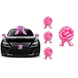 Large Iridescent Metallic Ribbon Gift Bow Set, Perfect Big for Car Gift Birthday Wedding Gender Reveal Decoration Jumbo, Easy Instant Pull String - Pink Pull Bow Set of 4