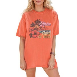 Hawaiian Shirts Women Oversized Aloha State of Mind Letter Graphic Shirt Flower Shirt Casual Summer Vacation Tees Tops（Medium,Orange