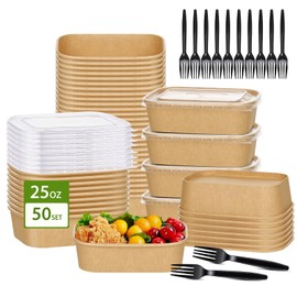 50-Pack 25oz Paper Bowls, Disposable Food Containers with Lids and Forks, Rectangular Disposable Salad Bowls for Diet Salad, Pasta (kraft Paper Rectangular, 25oz 50 Count)