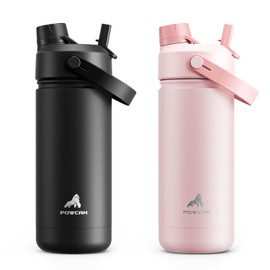 POWCAN Paquete de 2 botellas de agua aisladas para niños de 18 onzas para la escuela: a prueba de fugas, tapa de boquilla de popote 2 en 1, sin BPA, mantiene el frío 24 horas, taza de acero inoxidable