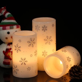 Lasumora Snowflake Christmas Candles with 6H Timer, Battery Operated Candles, Real Wax Flameless LED Candle Pillar for Home Décor Christmas Decorations Gifts, 3x4/5/6 inches