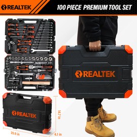 REALTEK 100 Piece Mechanic Tool Set, Car Tool Kit, Cr-V Socket Wrench Auto Repair Kit Includes Socket Accessories, Pliers, Heavy Hammer, Screw Drivers, General Households Tools with Larger Case