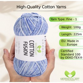 MeriWoolArt® Cotton Yarn - 100% Cotton Yarn, Multicoloured Textile Yarn, DK & Super Light, 100 g Ball, Ideal for Knitting, Crochet & Summer Accessories