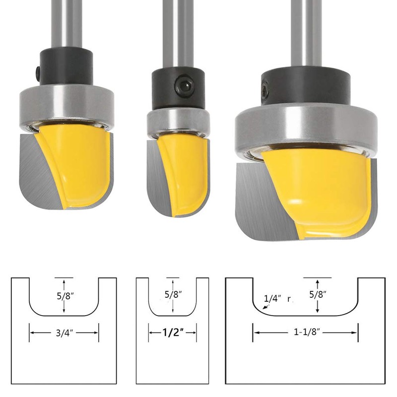 Bestgle 3pcs Deep Round Bottom Nose Router Bit, 1/4" Shank