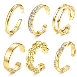 6PCS Toe Rings for Women 14K Gold Filled Toe Ring Non Tarnish Silver Adjustable Simple Open Band Hug CZ Chunky Flower Toe Rings Set Trendy Summer Beach Foot Jewelry for Women(Gold: twist toe ring)
