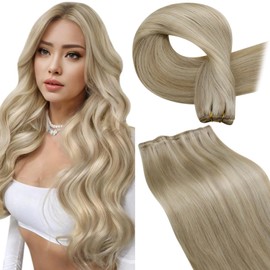 LaaVoo Weft Hair Extensions Real Human Hair 24 Inch 100g Light Blonde with Golden Blonde Reflections Hair Extensions Straight Sew in Hair Extensions Double Weft Hair Extensions #16/22