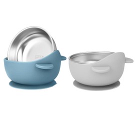Wesketch 2 Pack Stainless Steel Baby Bowls with Suction, Toddler Bowls with Removable Silicone Shell for Kids, Non-Slip Toddler Baby Feeding Set Dishwasher Safe (2 Pack-Gray & Blue)
