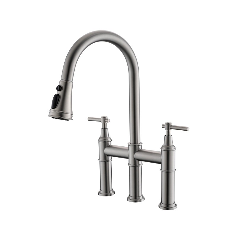 3-Hole Brushed Nickel Bridge Kitchen Faucet with Pull Out Sprayer
