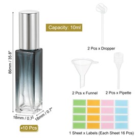 PATIKIL Travel Perfume Bottle Refillable, 10 Pcs 10ml Travel Size Mist Perfume Bottle Empty Glass Sprayer with Labels Funnel Pipette for Liquid Essential Oil, Light Blue/Silver Tone