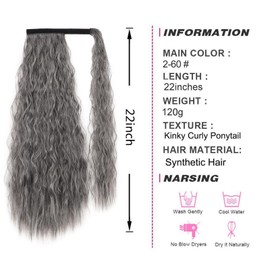 Stamped Glorious Long Corn Wave Ponytail Extension Magic Paste Heat Resistant Wavy Synthetic Wrap Around Ponytail Hairpiece for Black Women (22 Inch, 22 Inch-Grey)
