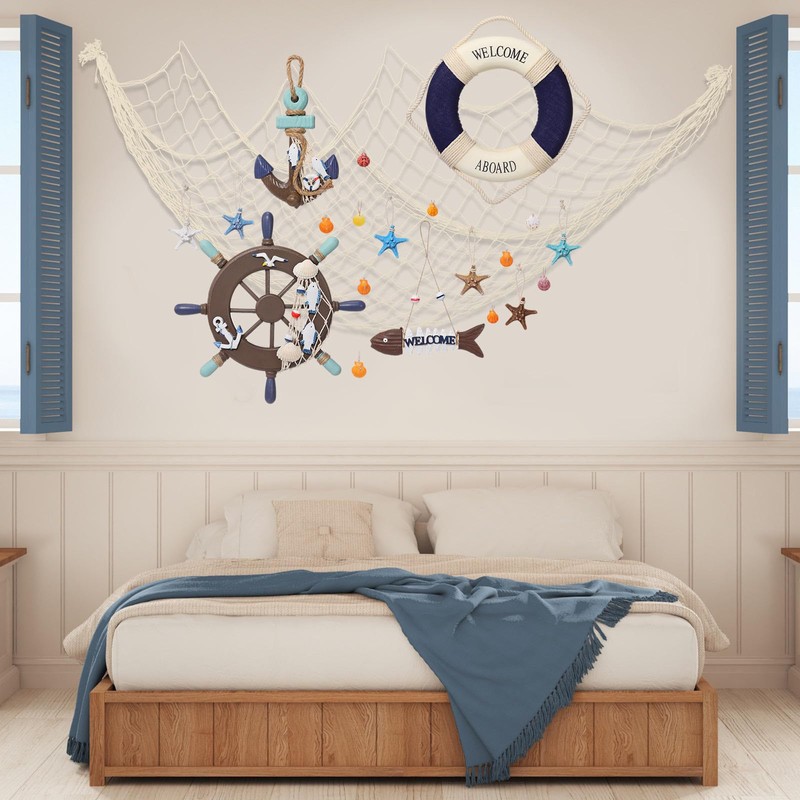 Marsui 11 Pcs Wooden Nautical Wall Decor Fishing Net Decoration,