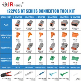 JRready Deutsch Crimp Tool ACT-LY-16DT with 2 3 4 6 8 12Pin DT Connector 1Kit 35Pairs Stamped Contacts, 3 PCS deutsch pin removal tools ST6341-16DT