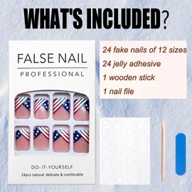 Independence Day Press on Nails Short Square 4th of July Fake Nails Red Blue White Stripe French Tip False Nails With Glitter Designs Full Cover Glue on Nails Acrylic Patriotic July Nails 24Pcs