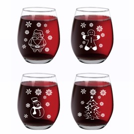 Jogskeor Set of 4 Merry Christmas Wine Glass, Funny Christmas Themed Stemless Wine Glass for Women Men Friend Family Coworker, Best Gift Christmas Gift New Year Gift, 15Oz