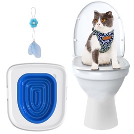 Cat Toilet Training Systems,Cat Toilet Training Kit,Reusable Plastic Cat Toilet Trainer for Pet Cleaning with 1 Replaceable Cat Feather Toy,Litter Boxes(White Tray,1 Blue Inner Support)