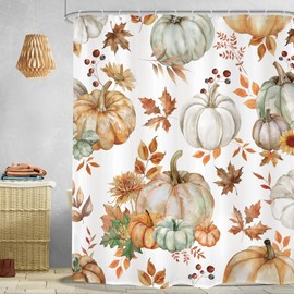Omifly Fall Autumn Pumpkin Shower Curtain 60Wx72L Inch Maple Leaf Rustic Plant Botanical Watercolor Floral Farmhouse with 12 Plastic Hooks Fabric Waterproof Toilet Accessories Decor